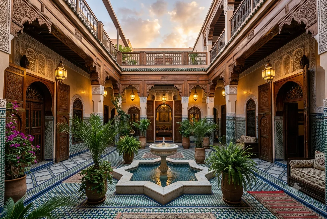 Patio d'un riad traditionnel au coucher du soleil